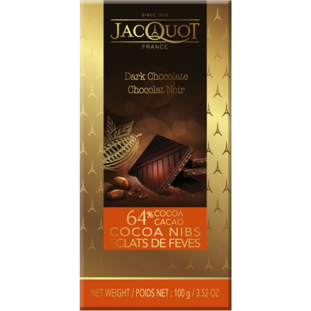 100г JACQUOT Горький шоколад 64% какао с карамелизированными кусочками какао-бобов по акции в Пятерочке