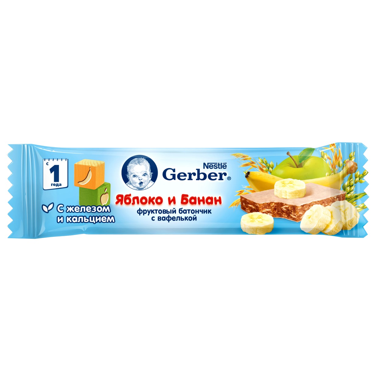 Батончик "Gerber" Яблоко и Банан фруктовый для детского питания 25г по акции в Пятерочке