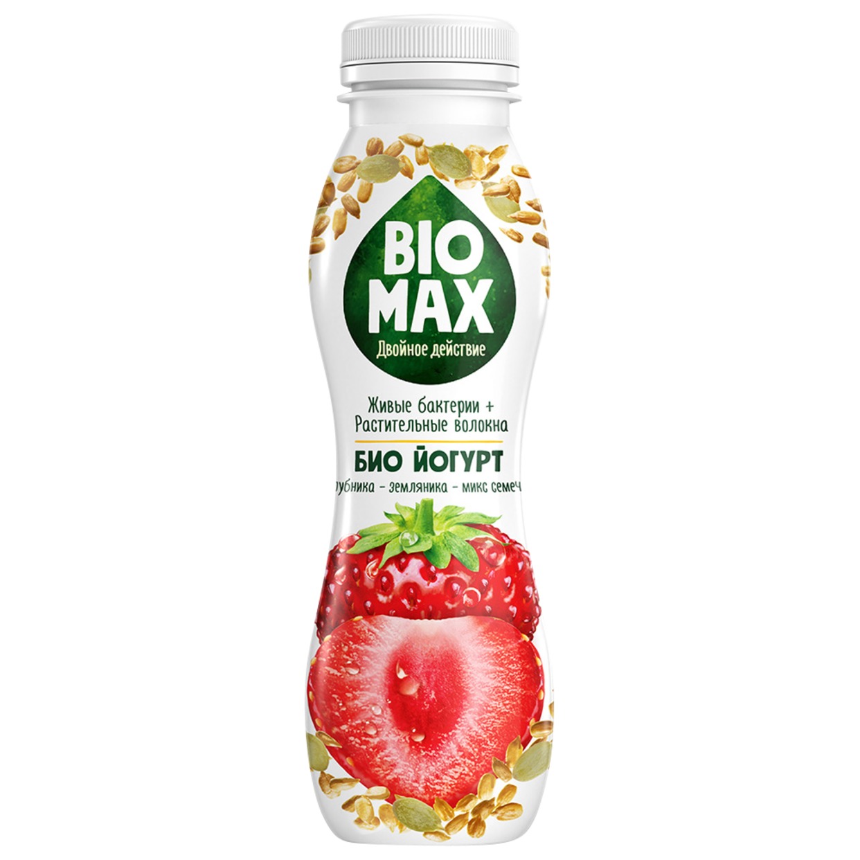 "Bio-Max" биойогурт с наполнителем "Клубника-земляника-микс семечек" обогащенный бифидобактериями и пребиотиком 1.9 % 270г по акции в Пятерочке