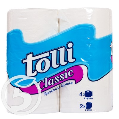 Бумага туалетная "Tolli" Classic белая 2 слоя 4шт по акции в Пятерочке