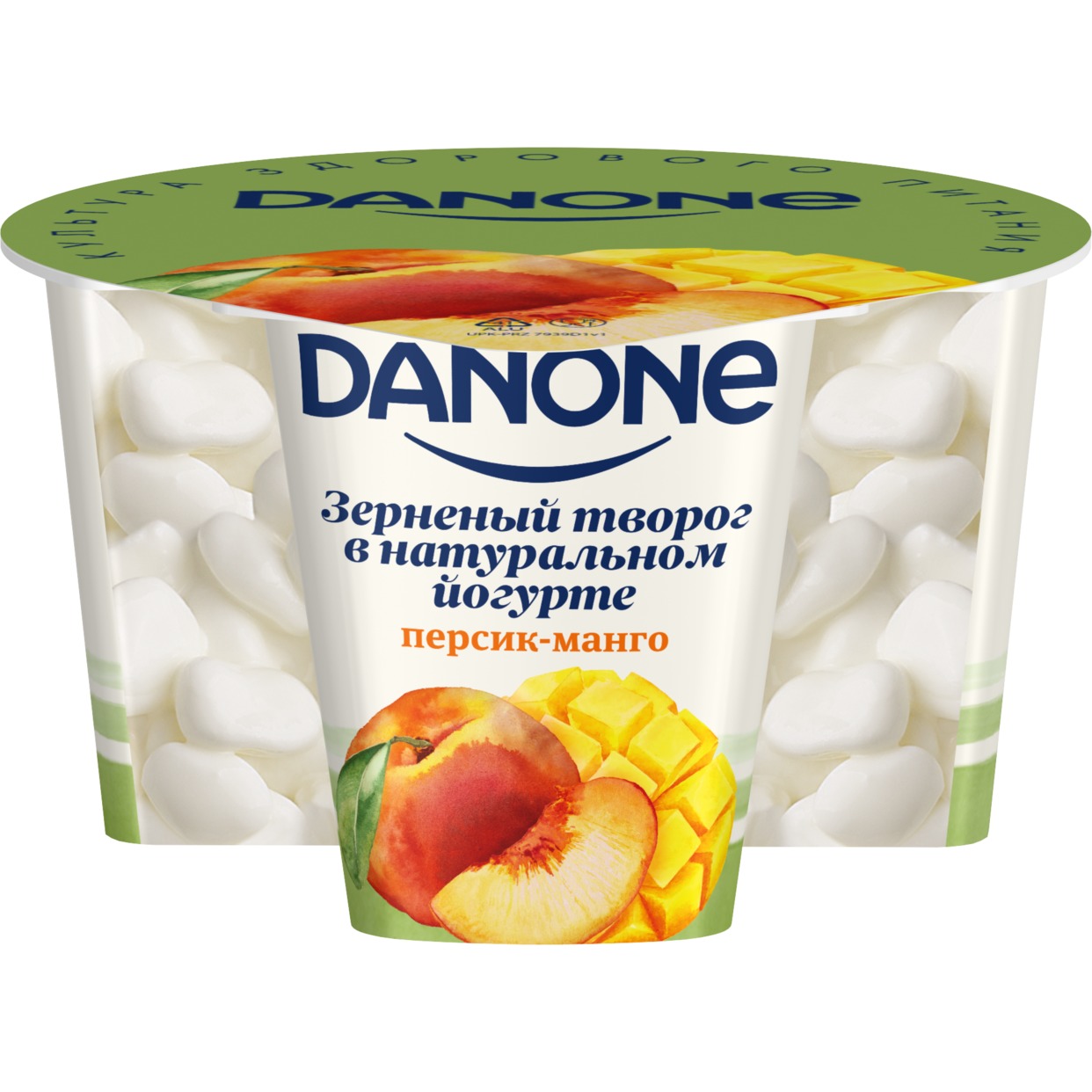 БЗМЖ Данон Творог зерненый в йогурте, с массовой долей жира 5,0% и фруктовый наполнитель "Персик - манго" 150г по акции в Пятерочке