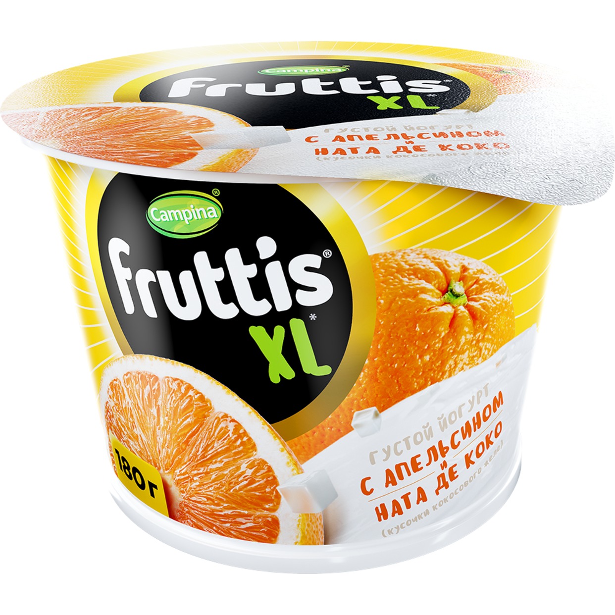 БЗМЖ Йогурт Fruttis XL c апельсином и кусочками кокосового желе ната де коко 4,3% 180г по акции в Пятерочке