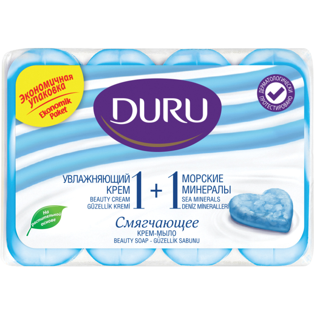 DURU 1+1 Туалетное крем-мыло Увлажняющий крем & морские минералы (э/пак) 4*80г*12 по акции в Пятерочке