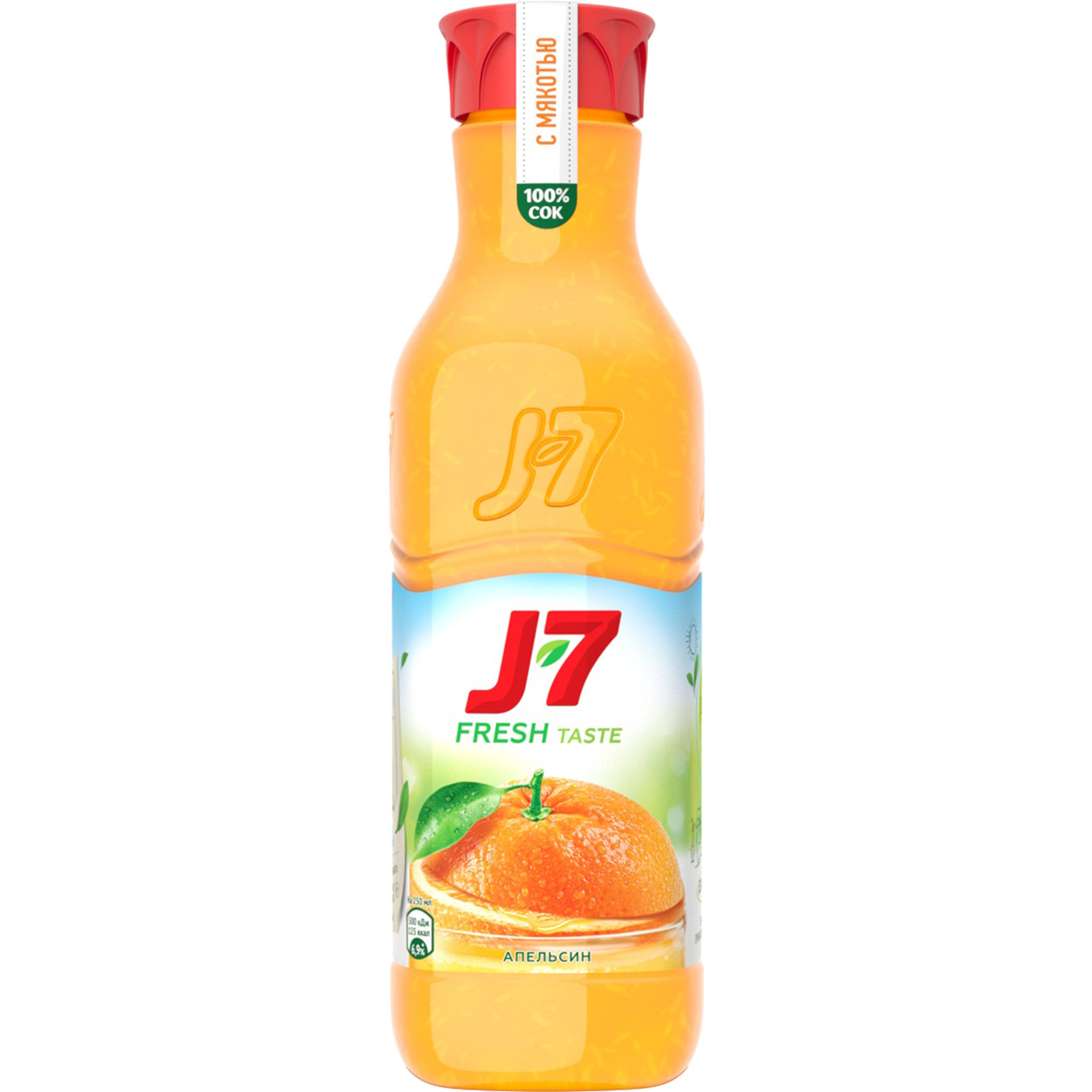 J7 Сок апельсиновый с мякотью для детского питания. Пастеризовнный. 0,85л Бутылка пластик по акции в Пятерочке