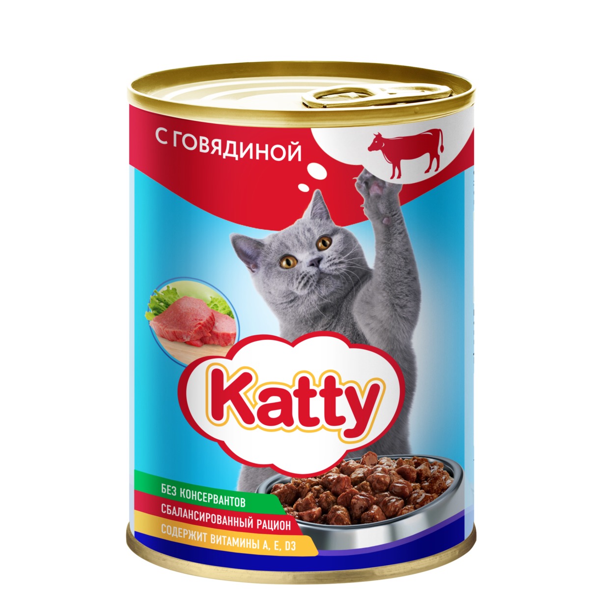 Katty Корм консервированный полнорационный для кошек с говядиной в соусе, ж/б 415 гр. по акции в Пятерочке