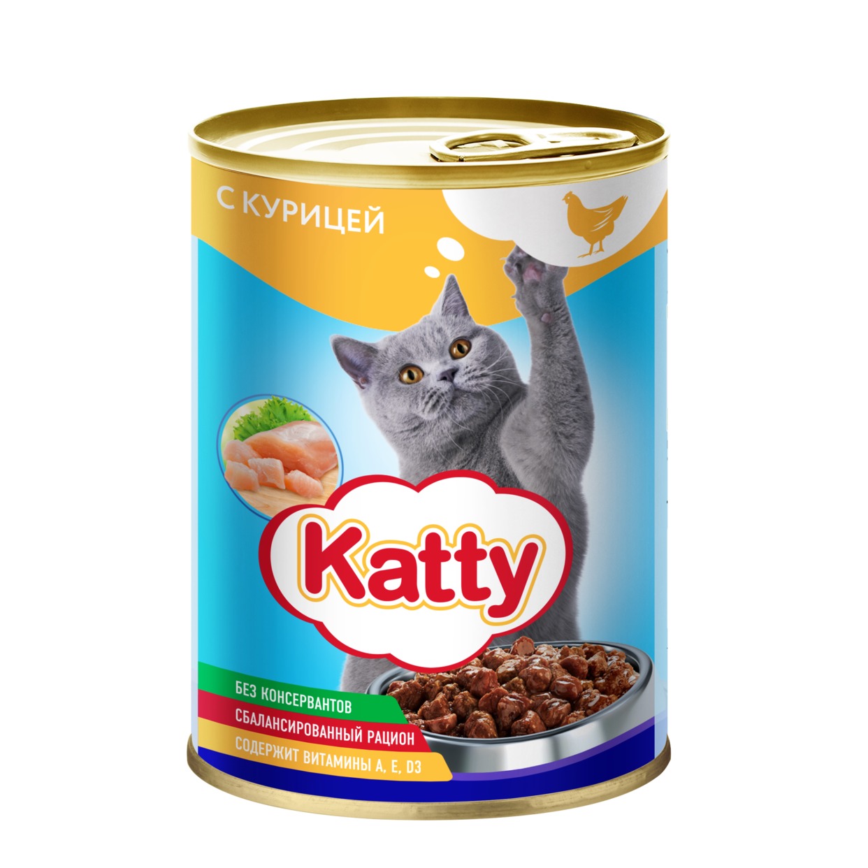 Katty Корм консервированный полнорационный для кошек с курицей в соусе, ж/б 415 гр. по акции в Пятерочке