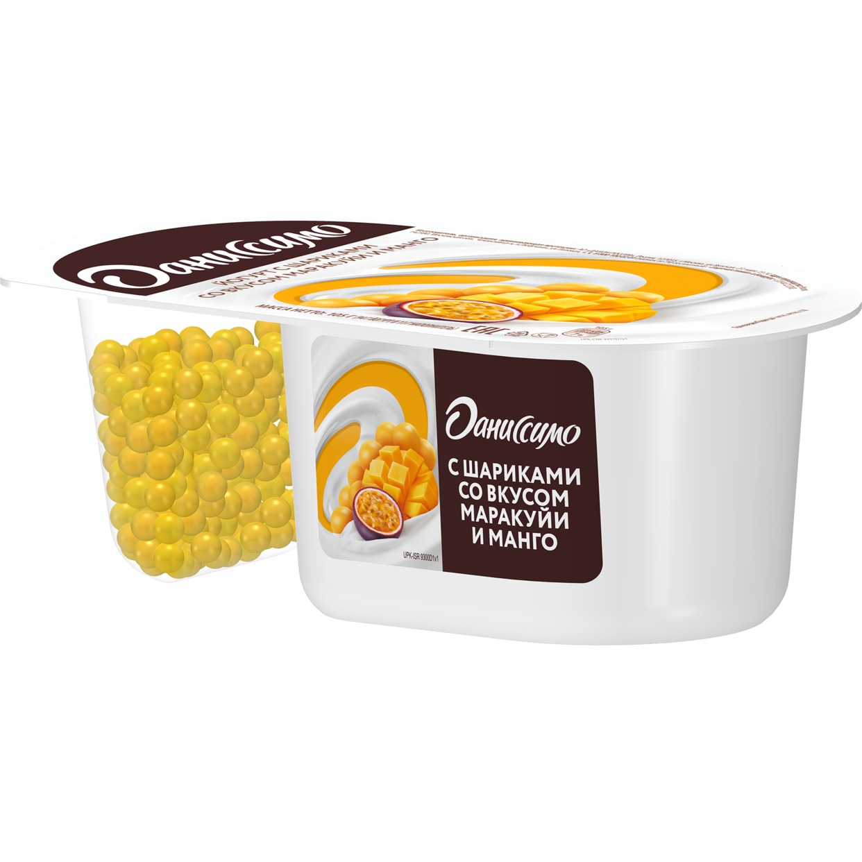 Кисломолоч. продукт йогурт "Даниссимо Фантазия", мдж 6,9% и хрустящие злак.шарики,покрытые белым шок.со вкус. марак. и манго 105г