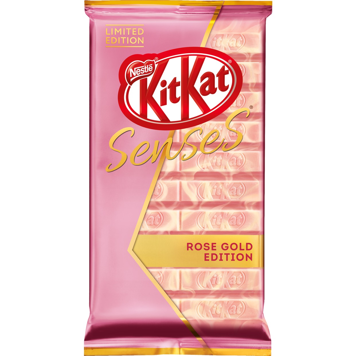 KITKAT® SENSES® Rose Gold Edition. Taste of Strawberry. Белый шоколад со вкусом клубники и молочный шоколад с хрустящей вафлей, 112г по акции в Пятерочке