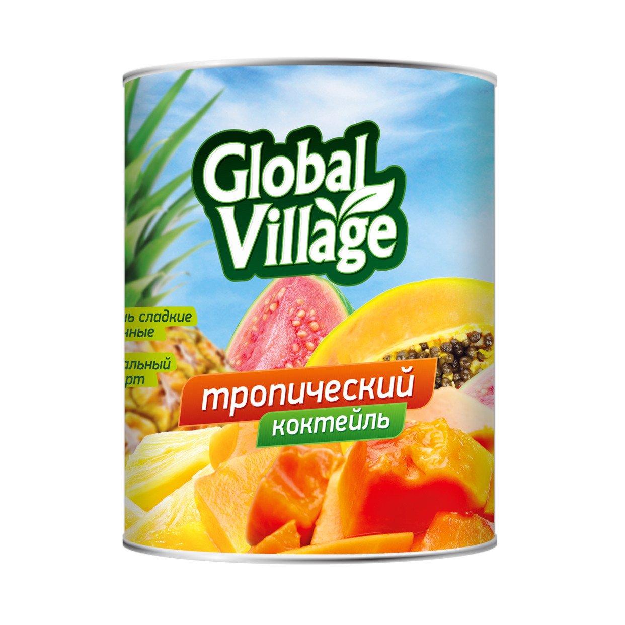 Консервы фруктовые пастеризованные: «Коктейль тропический» в легком сиропе, торговой марки «Global Village», 565г по акции в Пятерочке