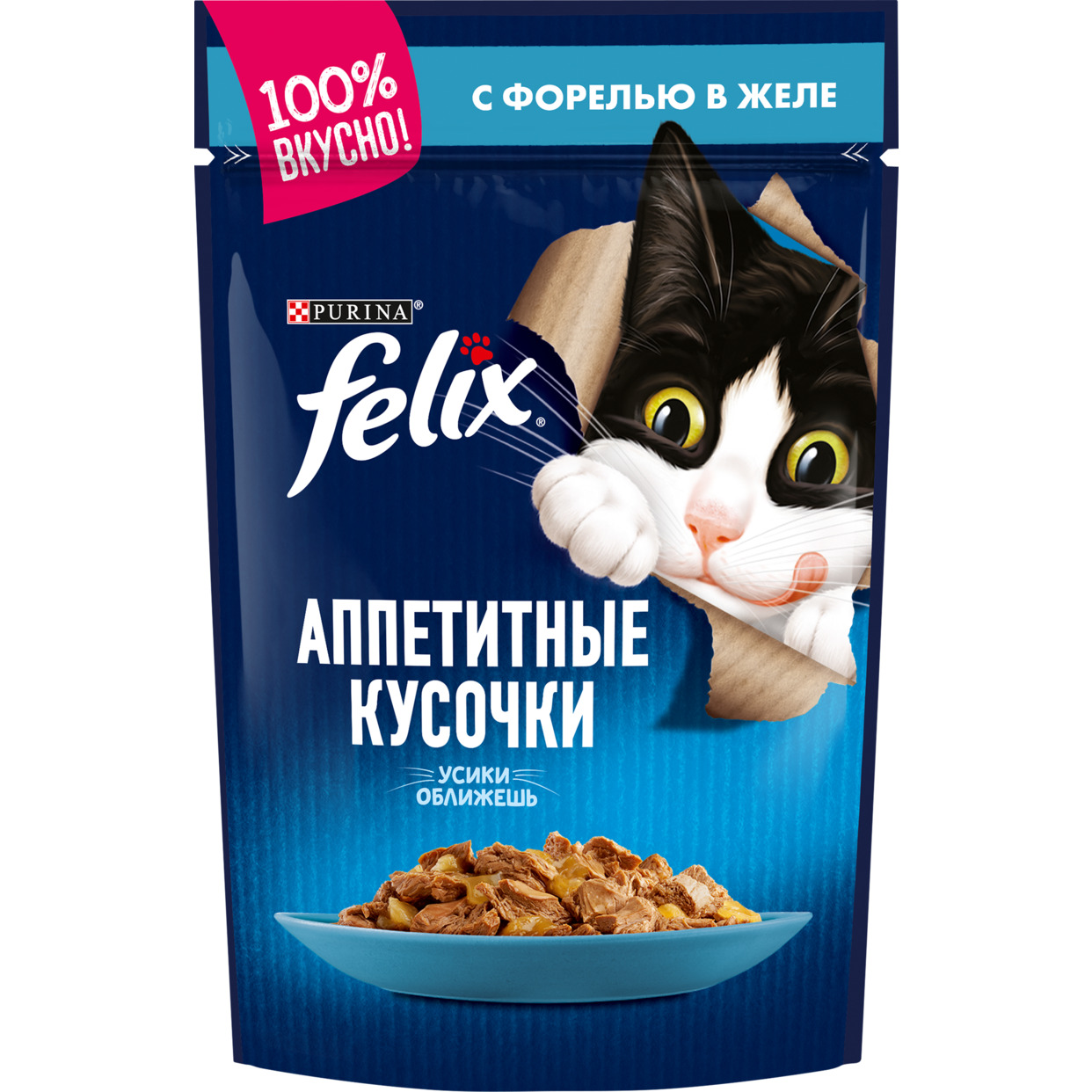 Корм для взрослых кошек Felix аппетитные кусочки с форелью в желе 85 г по акции в Пятерочке