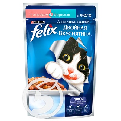 Корм "Felix" Аппетитные Кусочки с лососем и форелью в желе полнорационный для взрослых кошек 85г