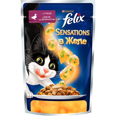 Корм "Felix" Sensations Утка в желе со шпинатом для кошек 85г по акции в Пятерочке