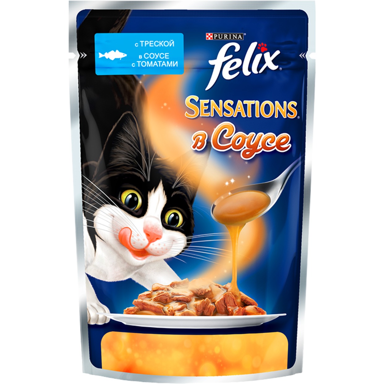 Корм "Felix" Sensations в Удивительном соусе с треской с томатами 85г