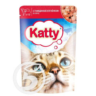 Корм "Katty" для кошек с говядиной и ягненком 85г по акции в Пятерочке