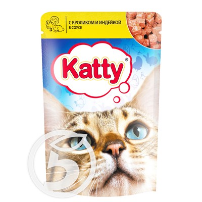 Корм "Katty" для кошек с кроликом и индейкой 85г по акции в Пятерочке