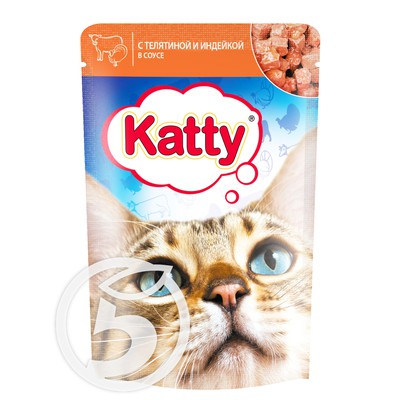 Корм "Katty" для кошек с телятиной и индейкой 85г по акции в Пятерочке