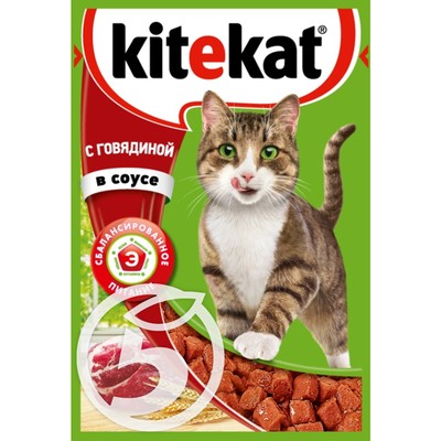 Корм "Kitekat" С говядиной в соусе для взрослых кошек 85г по акции в Пятерочке