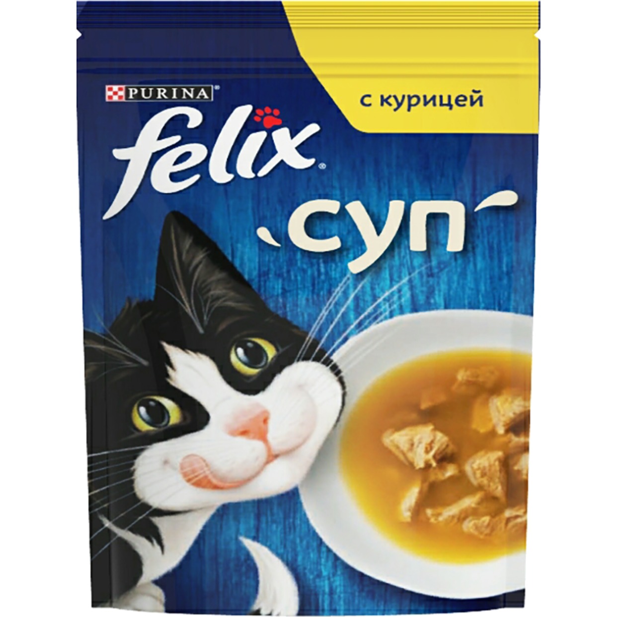 Корм консервированный неполнорационный Felix Суп для взрослых кошек с курицей, 48г по акции в Пятерочке