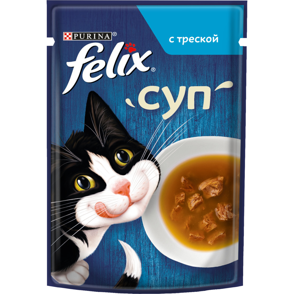 Корм консервированный неполнорационный ТЗ PURINA FELIX Суп для взрослых кошек с треской, 48г по акции в Пятерочке
