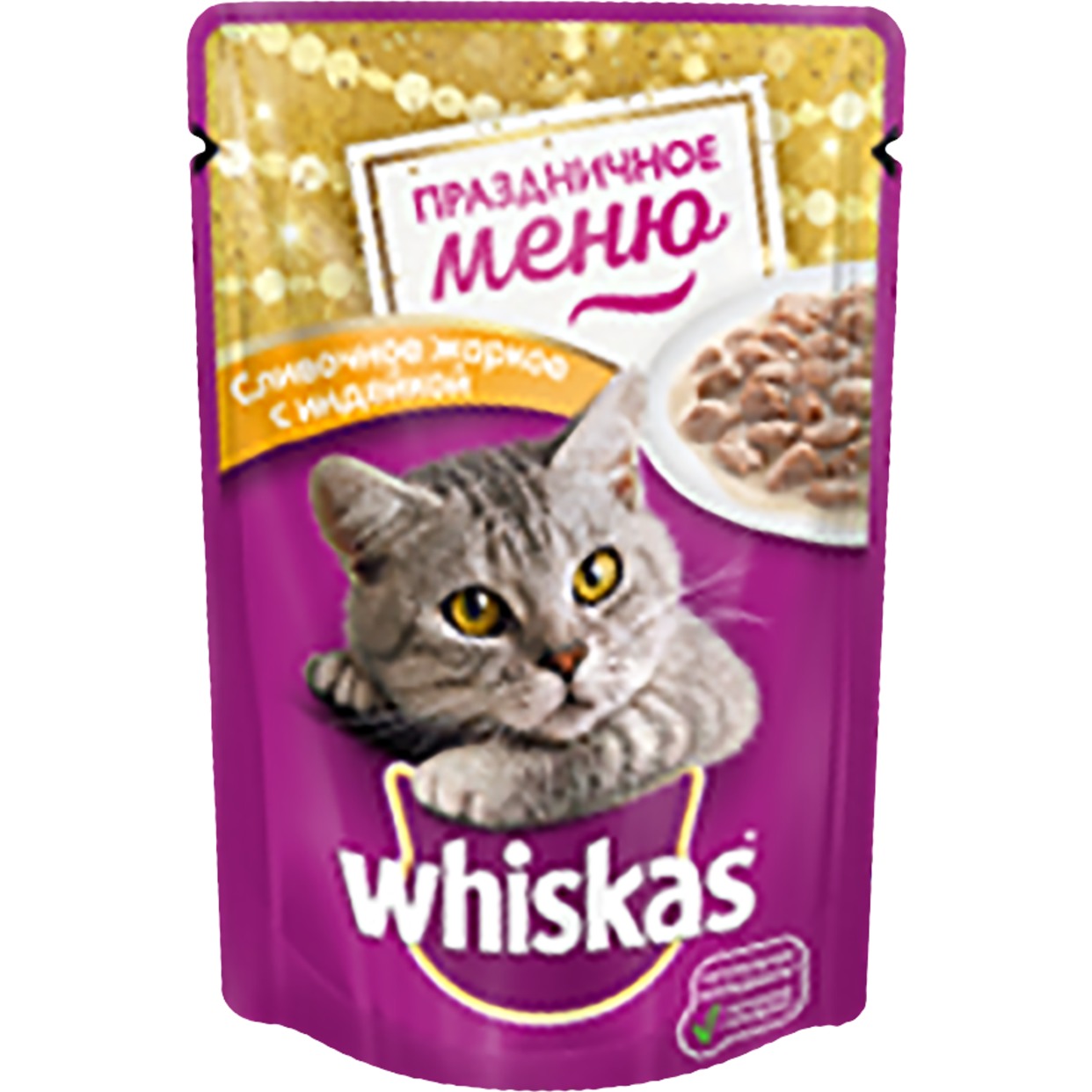 Корм консервированный полнорационный Whiskas для взрослых кошек с индейкой в соусе Праздничное меню Сливочное жаркое с индейкой, 85г