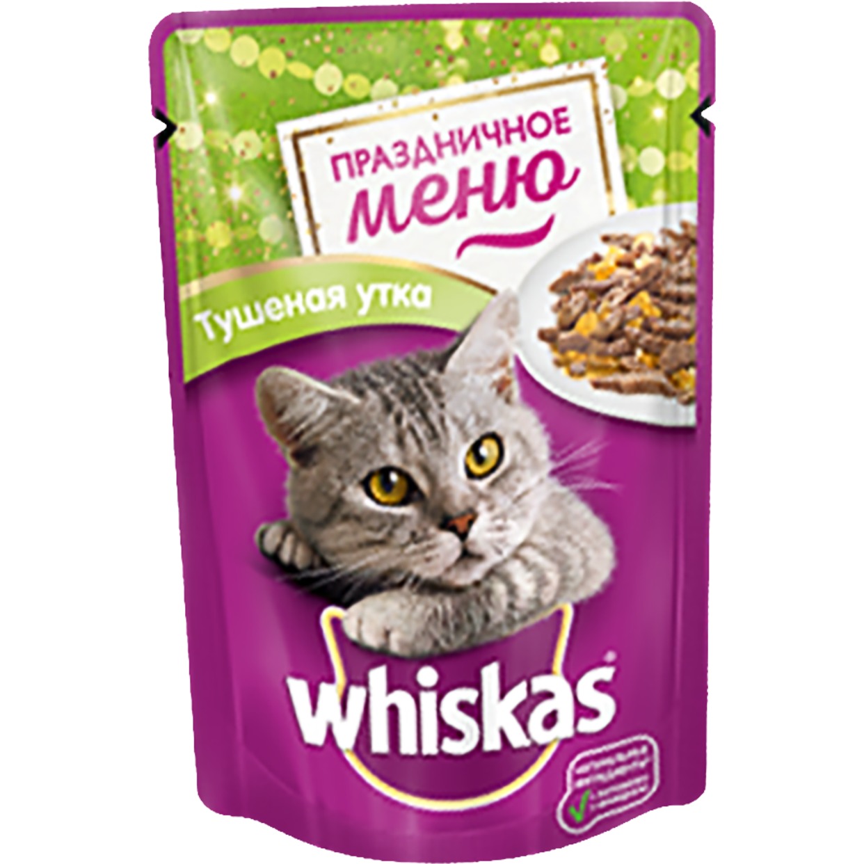 Корм консервированный полнорационный Whiskas для взрослых кошек с уткой в желе Праздничное меню Тушеная утка, 85г