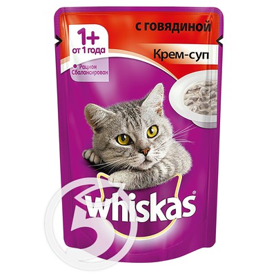 Корм "Whiskas" Крем-суп с говядиной для взрослых кошек 85г по акции в Пятерочке