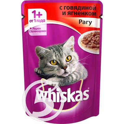 Корм "Whiskas" Рагу с говядиной и ягненком для взрослых кошек 85г по акции в Пятерочке