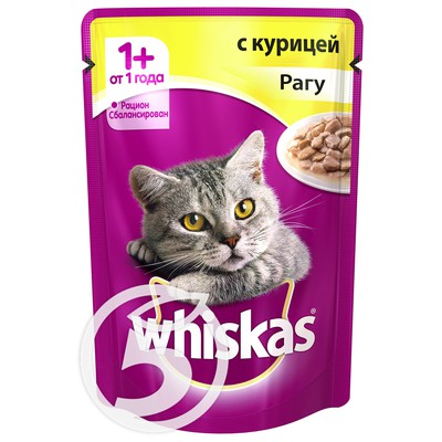 Корм "Whiskas" Рагу с курицей для взрослых кошек 85г по акции в Пятерочке