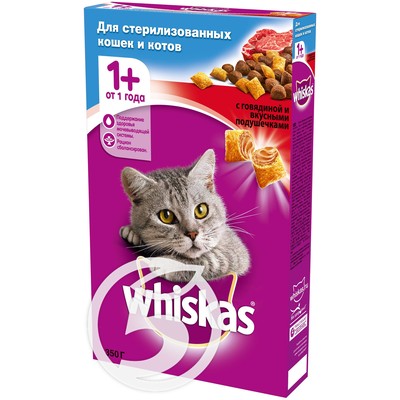 Корм "Whiskas" с говядиной и вкусными подушечками для стерилизованных кошек 350г по акции в Пятерочке