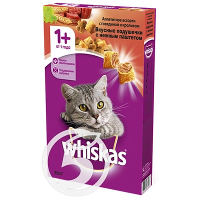 Корм "Whiskas" Вкусные Вкусные подушечки с паштетом Ассорти с говядиной и кроликом для взрослых кошек 350г