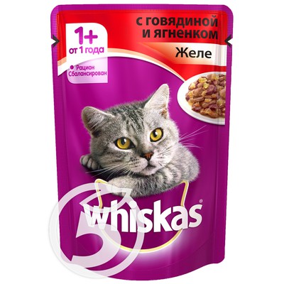 Корм "Whiskas" Желе с говядиной и ягненком для взрослых кошек 85г по акции в Пятерочке