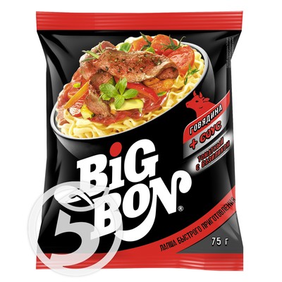 Лапша "Big Bon" говядина+соус с базиликом 75г по акции в Пятерочке
