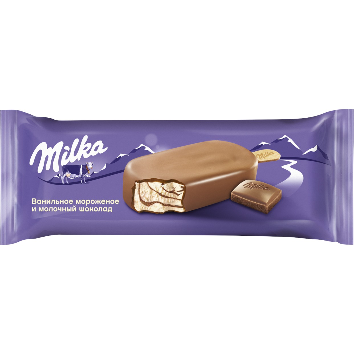 MILKA БЗМЖ Мороженое эскимо сливочное ванильное с шоколадным соусом, покрытое молочным шоколадом MILKA МДЖ 8%, 62 г по акции в Пятерочке