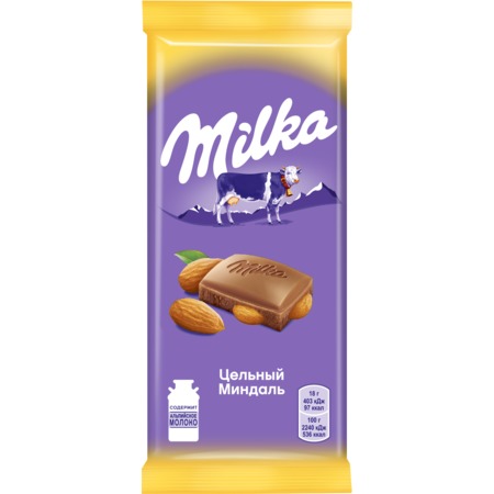 MILKA Шоколад молочный с цел.минд.90г по акции в Пятерочке