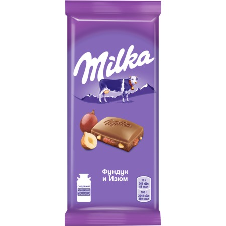 MILKA Шоколад молочный с фунд/изюм.90г по акции в Пятерочке