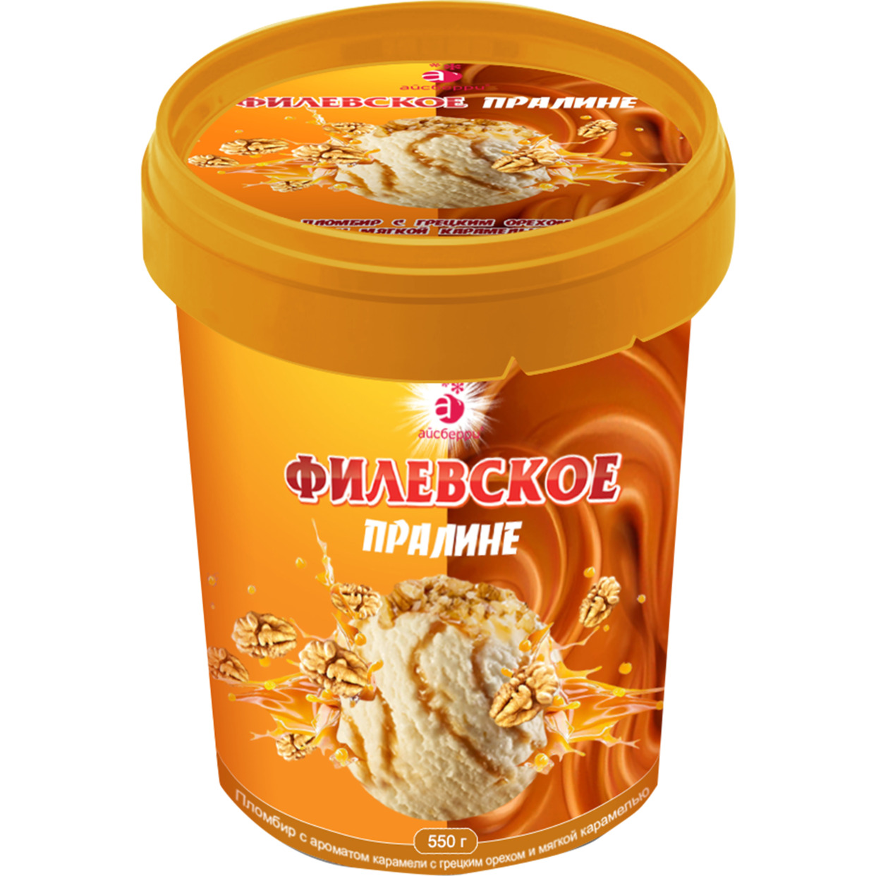 Мороженое "Филевское" пломбир с ароматом карамели с грецким орехом и мягкой карамелью, мдж 12%, 550г