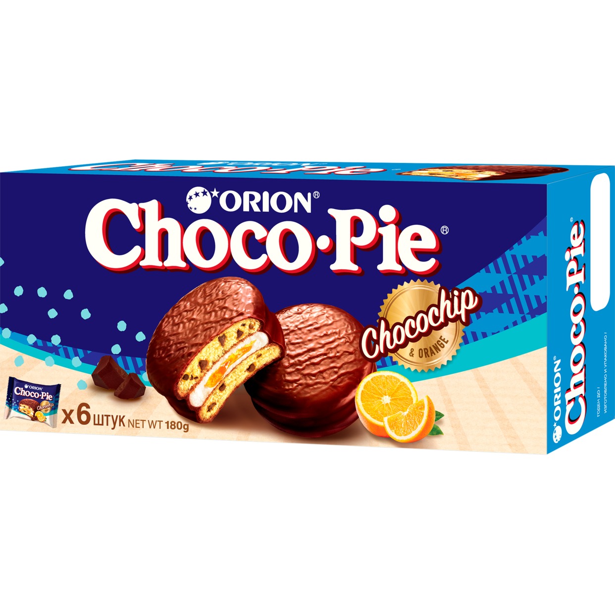 Мучное кондитерское изделие с кусочками шоколада в глазури «Choco Pie Chocochip» («Чоко Пай Чокочип»), 180 гр по акции в Пятерочке