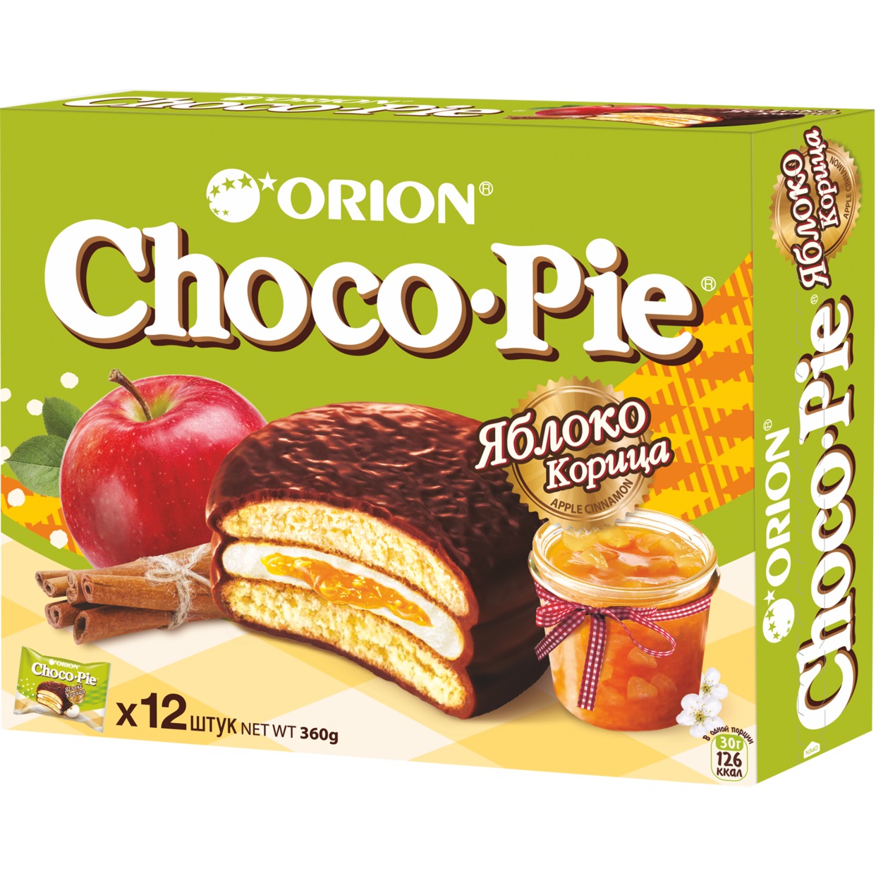 Мучное кондитерское изделие в глазури «Choco Pie Apple-Cinnamon» («Чоко Пай Яблоко-Корица») 360г