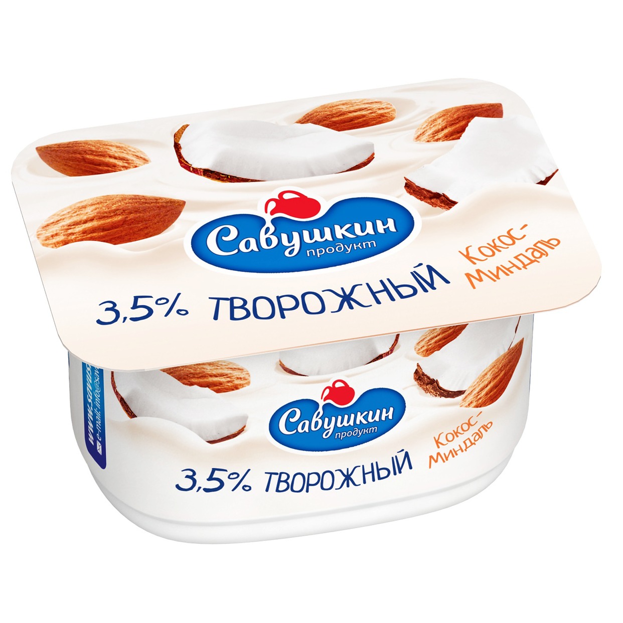 Паста "Савушкин Продукт" творожная десертная кокос-миндаль 3,5% 120г по акции в Пятерочке