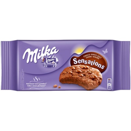Печенье «Milka Sensations» с какао, с начинкой и кусочками молочного шоколада. 156 г x 12 КР по акции в Пятерочке