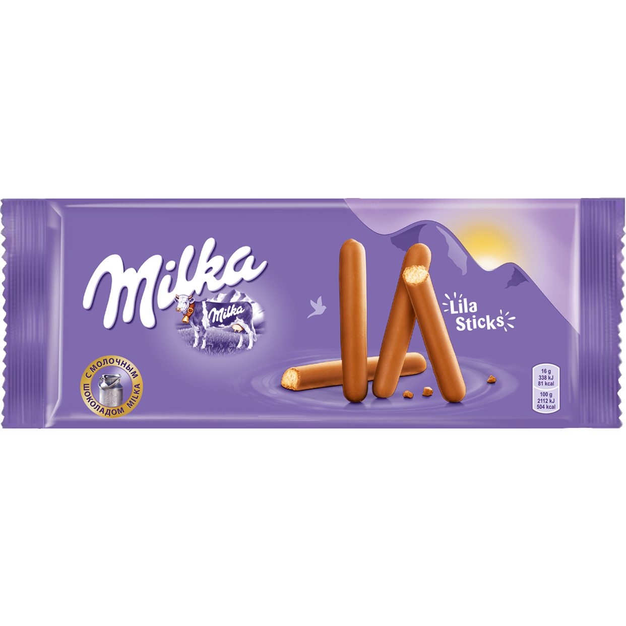 Печенье-палочки Milka Lila Sticks, покрытое молочным шоколадом, 112г по акции в Пятерочке