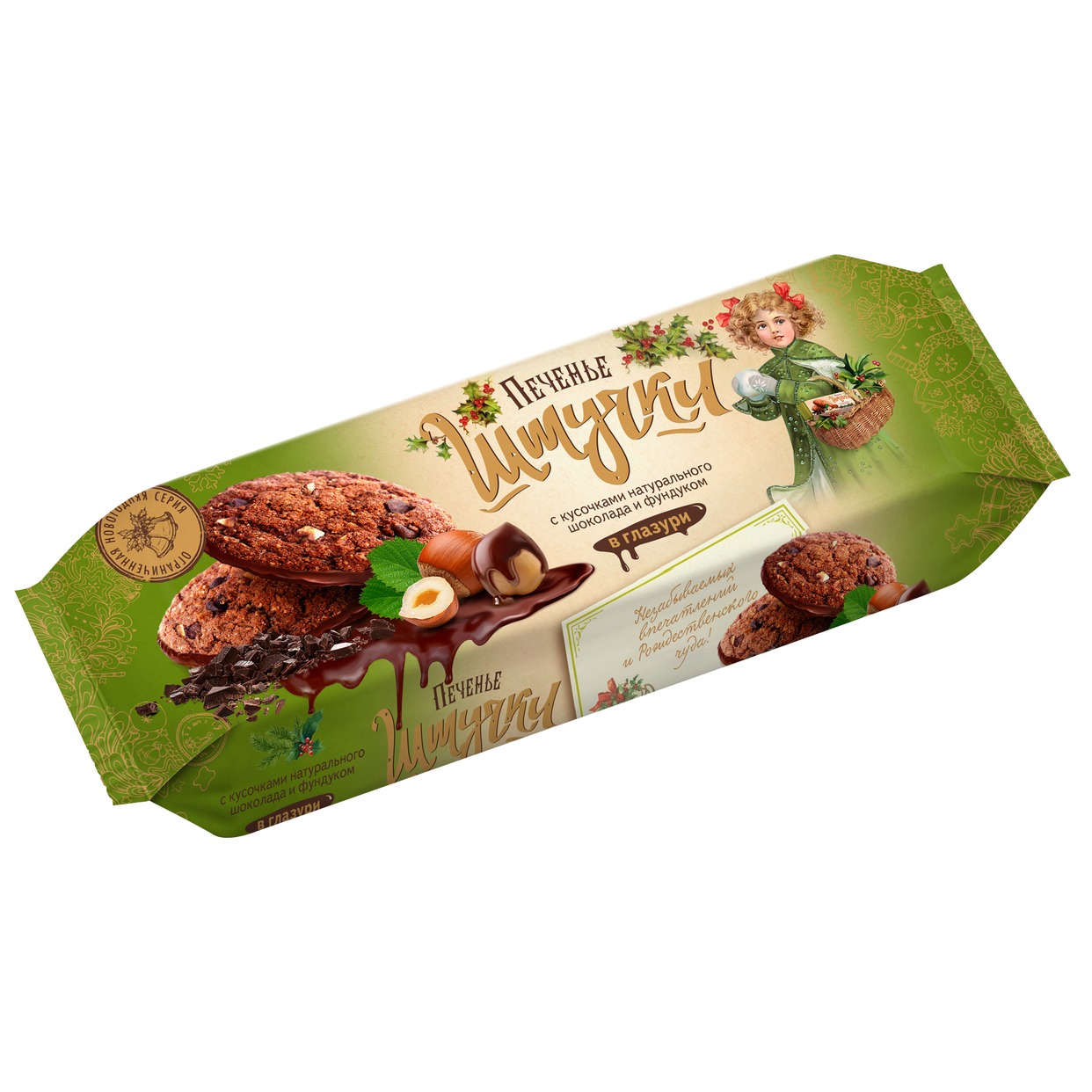 Печенье сдобное с кусочками натурального шоколада и фундуком в кондитерской глазури 190г