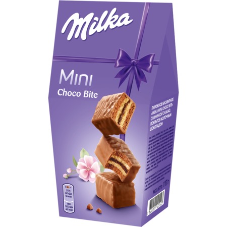 Пирожное бисквитное MILKA MINI CHOCO BITE с начинкой с какао, покрытое молочным шоколадом, 117г