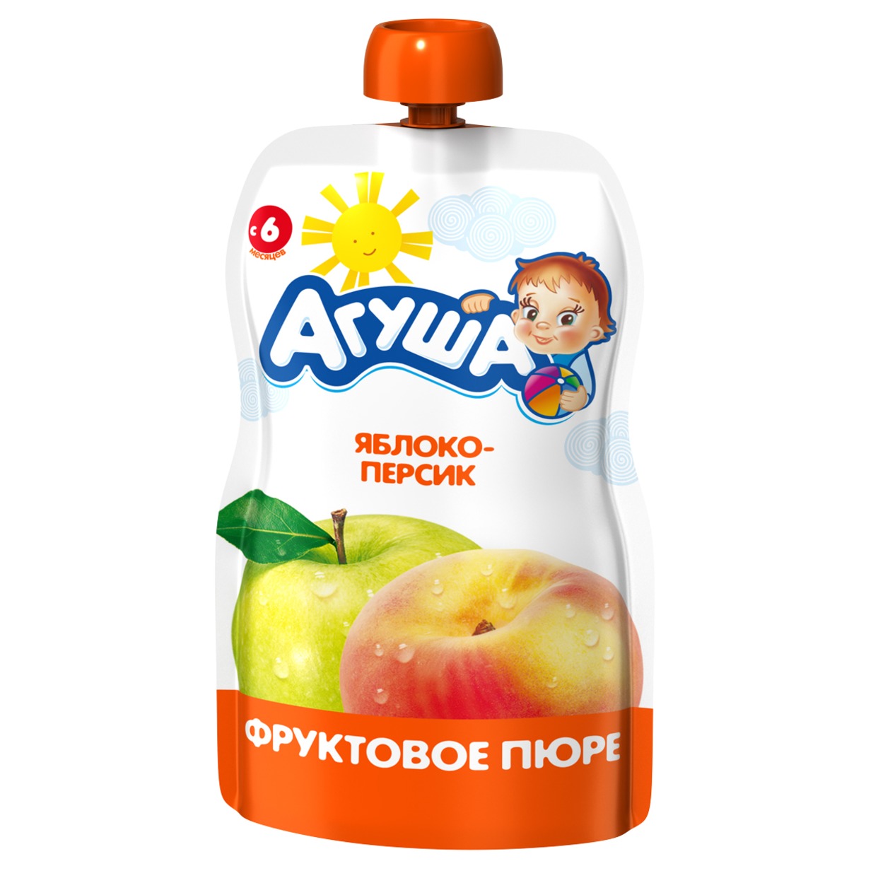 Пюре фруктовое "Агуша" Яблоко-Персик 0.0% 90г Pouch-pack по акции в Пятерочке