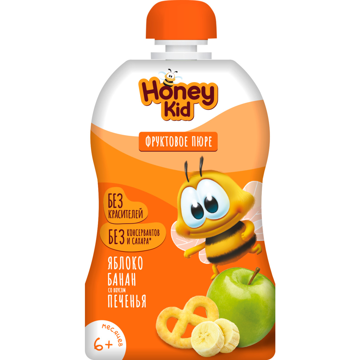 Пюре "Honey Kid" из яблок и банана со вкусом печенья для детского питания для детей раннего возраста гомогенизированное, стерилизова нное, 90 г с 6 месяцев по акции в Пятерочке