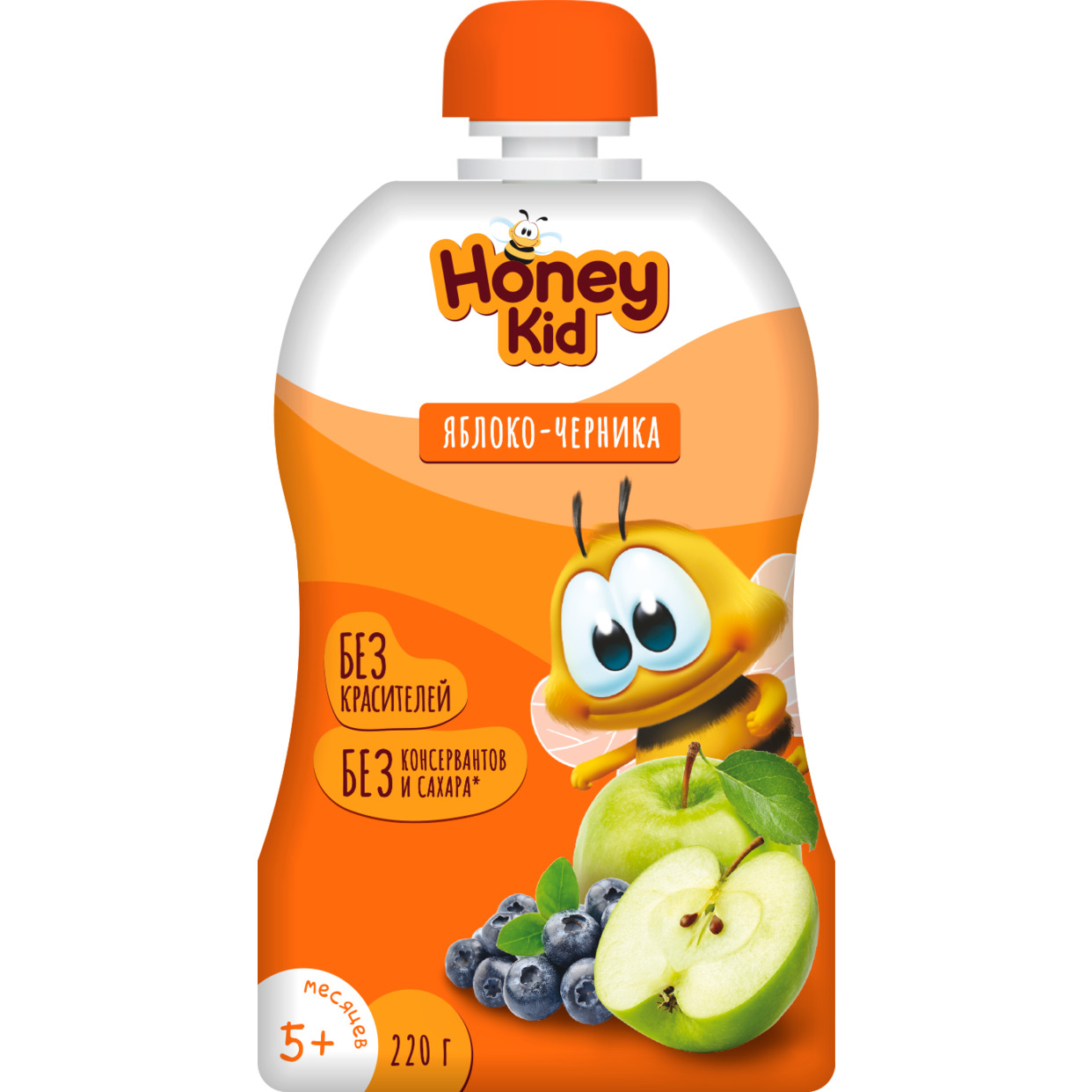 Пюре "Honey Kid" из яблок и черники для детского питания для детей раннего возраста гомогенизированное, стерилизованное с 5 месяцев 220г по акции в Пятерочке