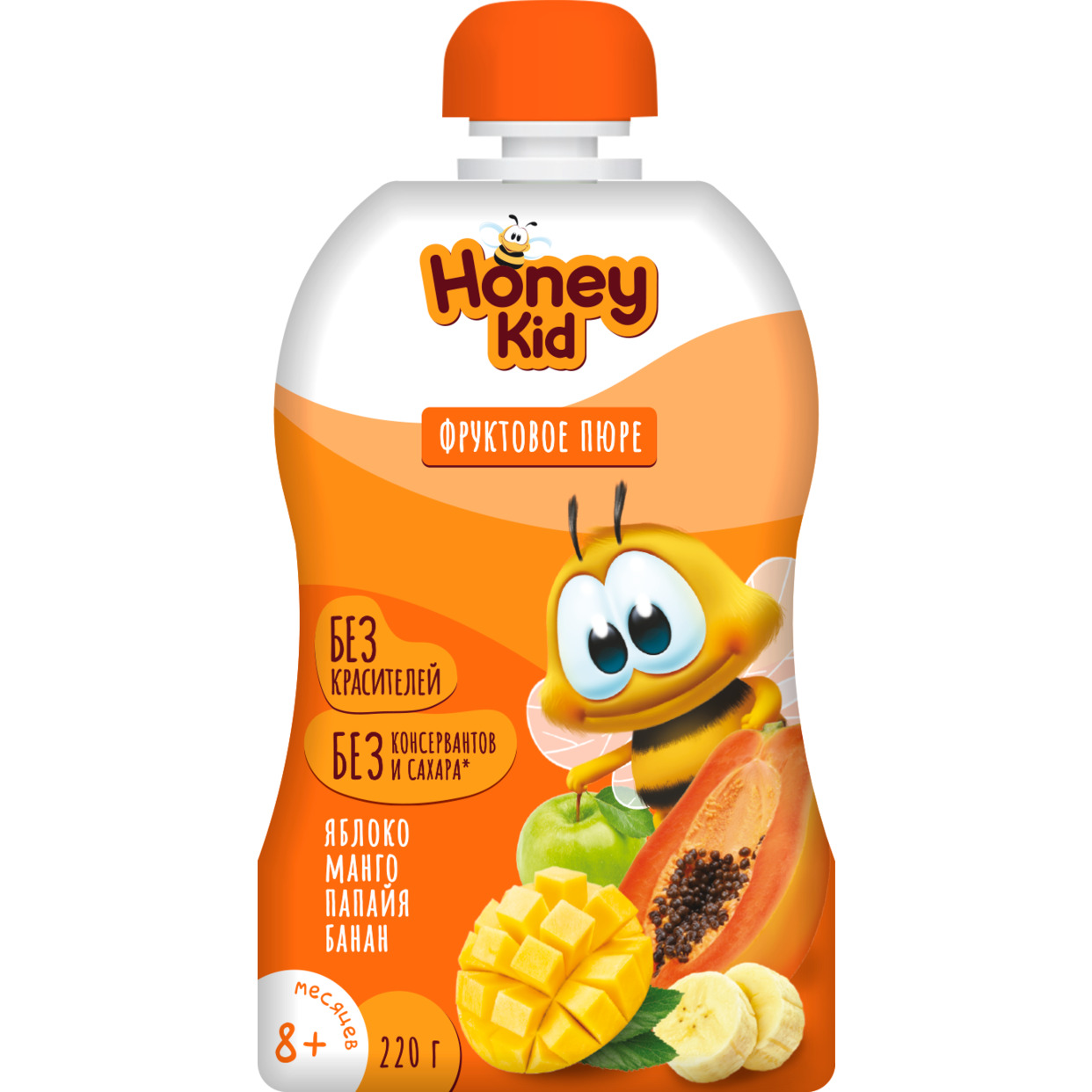Пюре "Honey Kid" из яблок, манго, папайи и бананов для детского питания для детей раннего возраста гомогенизированное, стерилизованн ое, 220 г с 8 месяцев