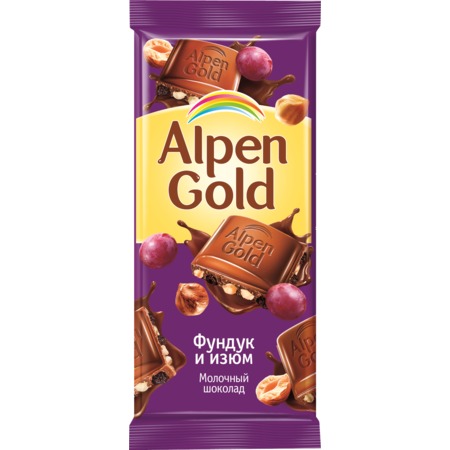 Шоколад Alpen Gold, фундук-изюм, 90 г