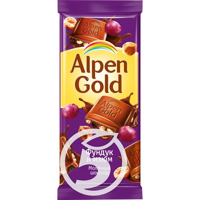 Шоколад "Alpen Gold" молочный с фундуком и изюмом 90г по акции в Пятерочке