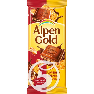 Шоколад "Alpen Gold" молочный с соленым арахисом и крекером 90г по акции в Пятерочке